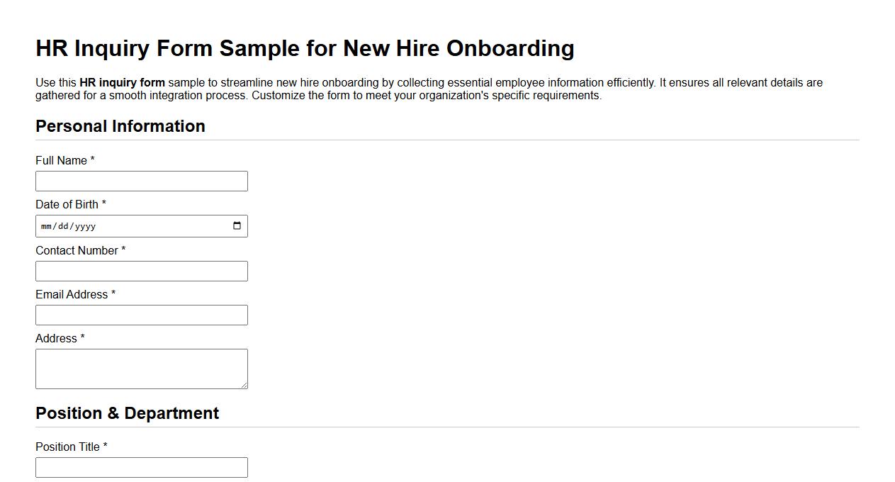 HR inquiry form sample for new hire onboarding image preview