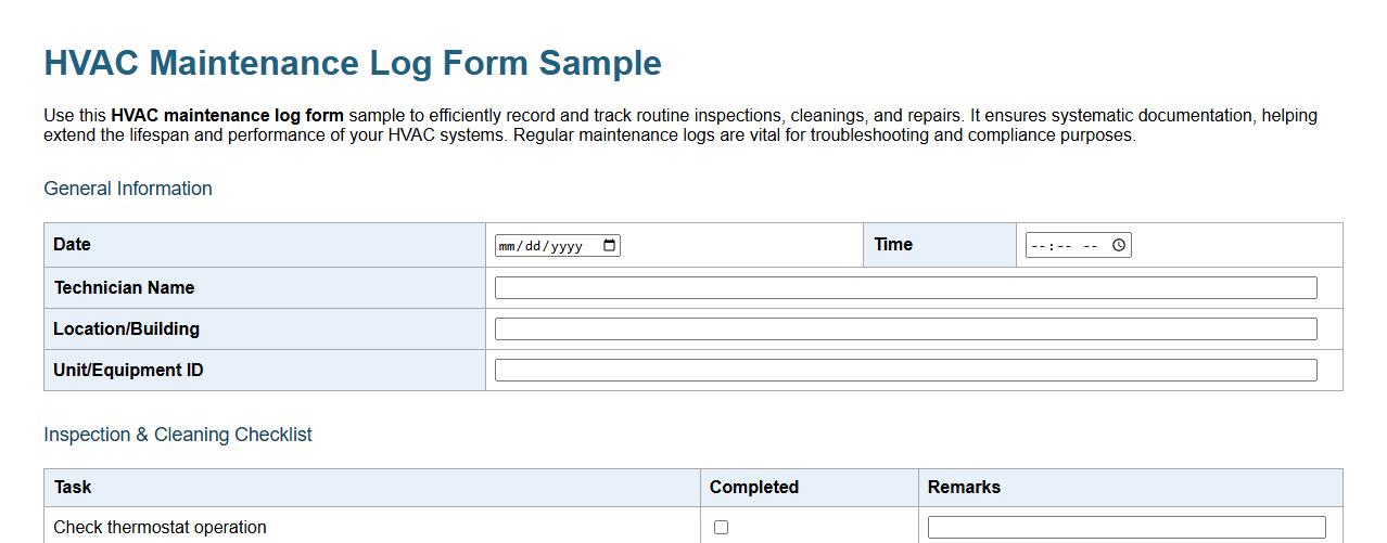 HVAC maintenance log form sample image preview