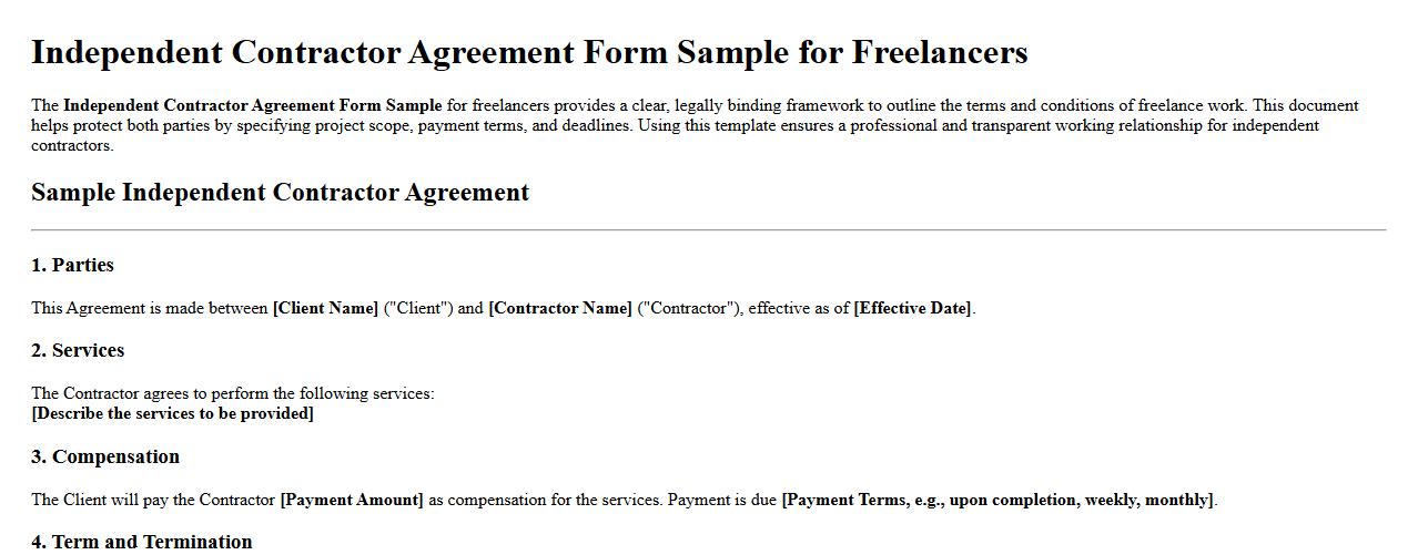Independent Contractor Agreement Form Sample for Freelancers image preview