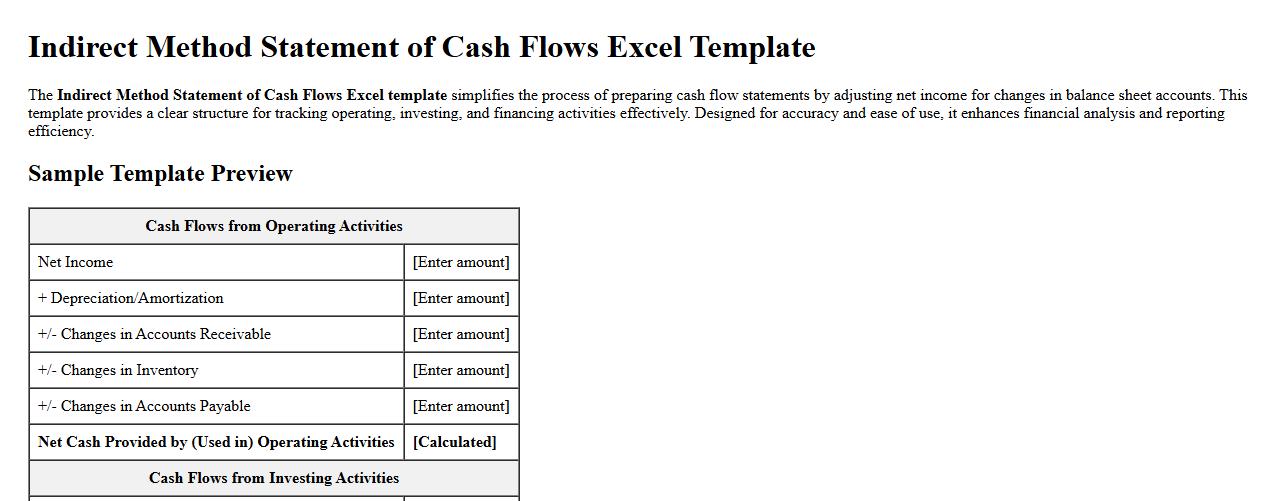 Indirect method Statement of Cash Flows Excel template image preview