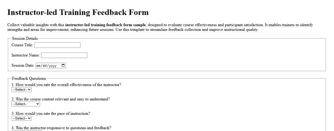 Instructor-led training feedback form sample image preview