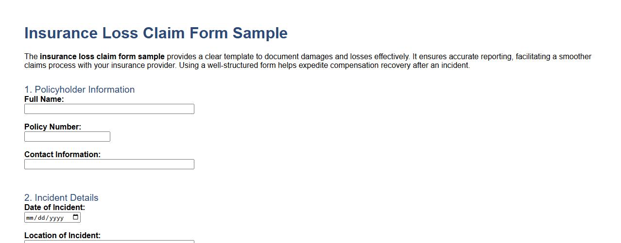 insurance loss claim form sample image preview