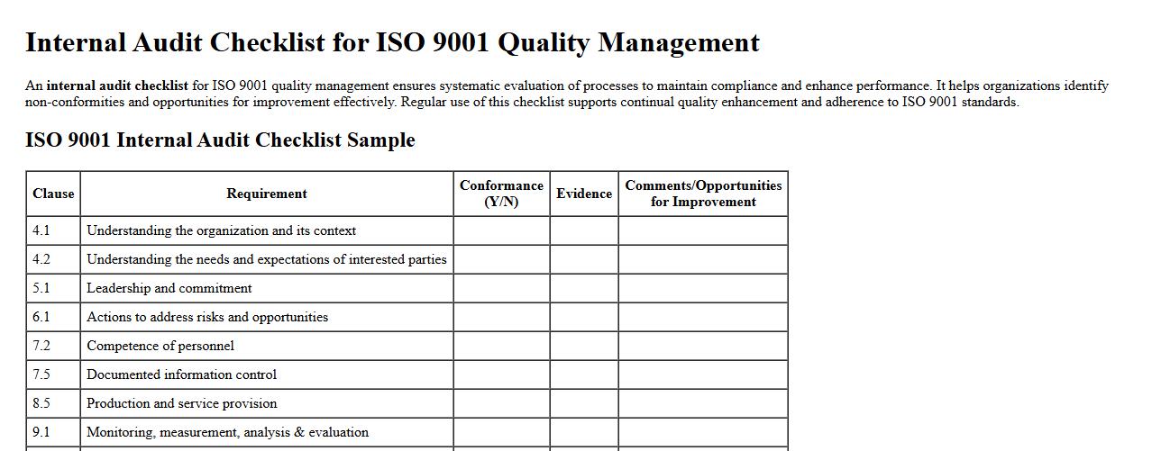 Internal audit checklist for ISO 9001 quality management image preview