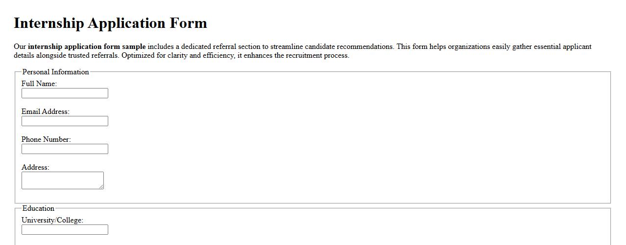 Internship application form sample with referral section image preview