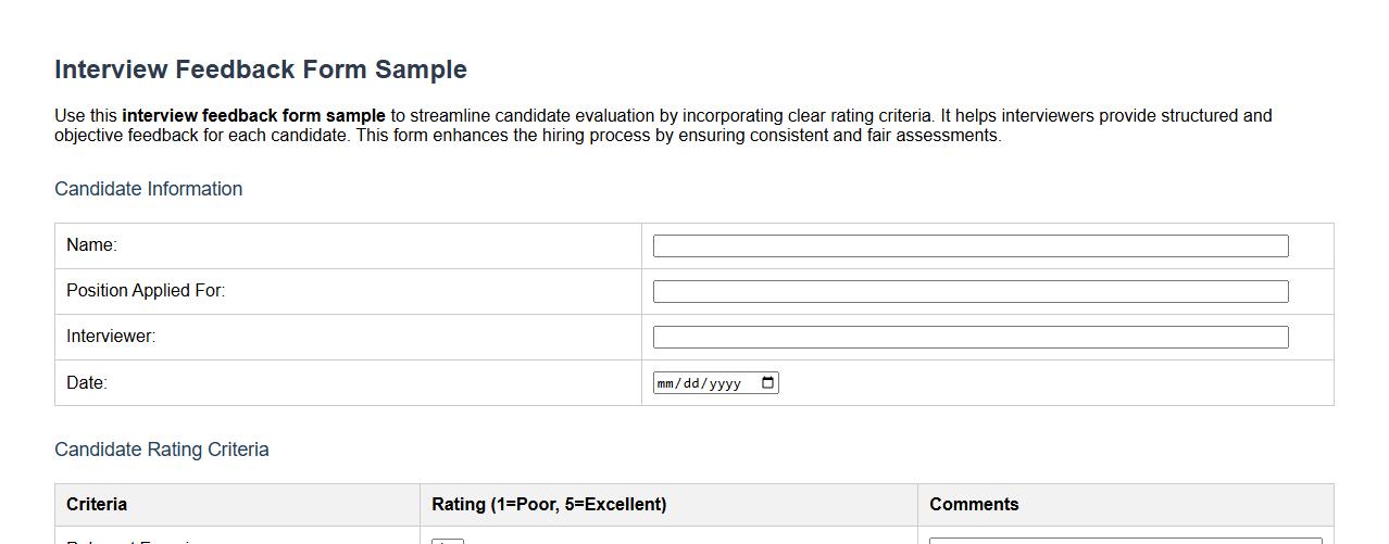 Interview feedback form sample with candidate rating criteria image preview