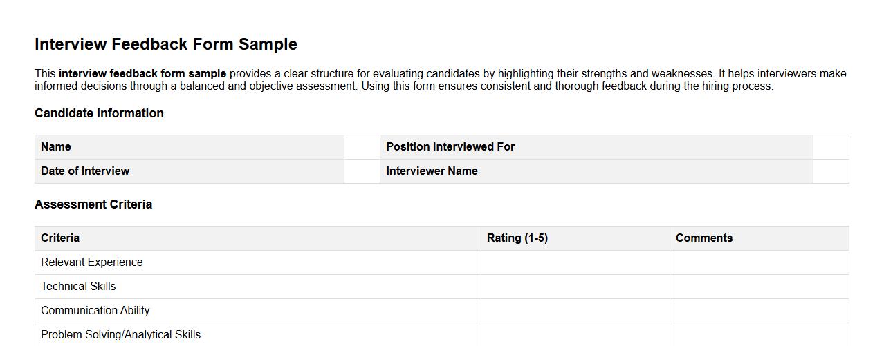 Interview feedback form sample with strengths and weaknesses image preview