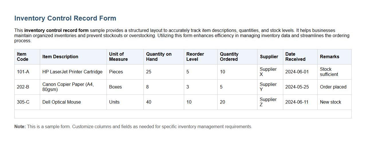 inventory control record form sample with item description image preview