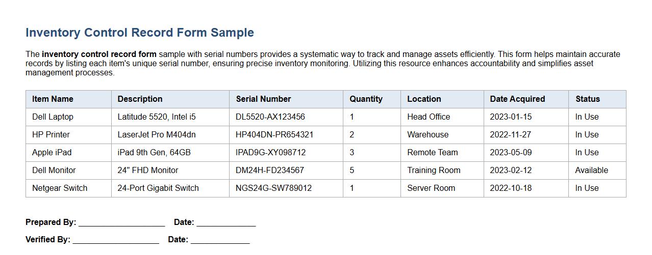 inventory control record form sample with serial numbers image preview