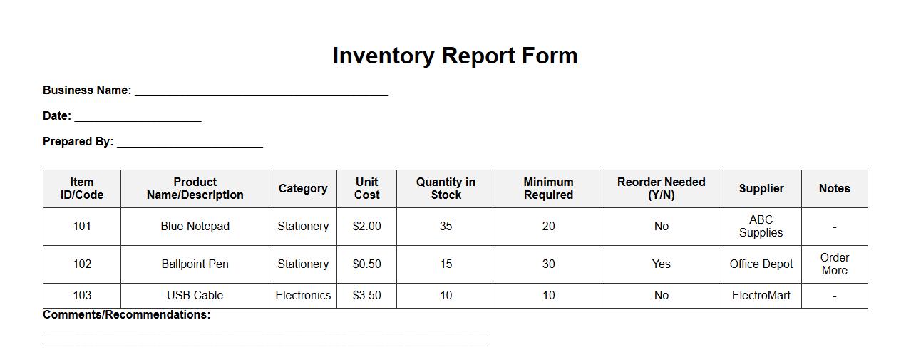 inventory report form sample for small business image preview