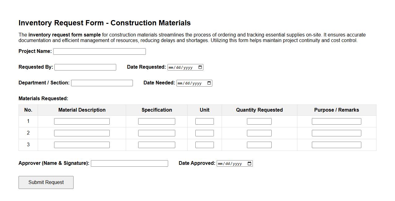 inventory request form sample for construction materials image preview