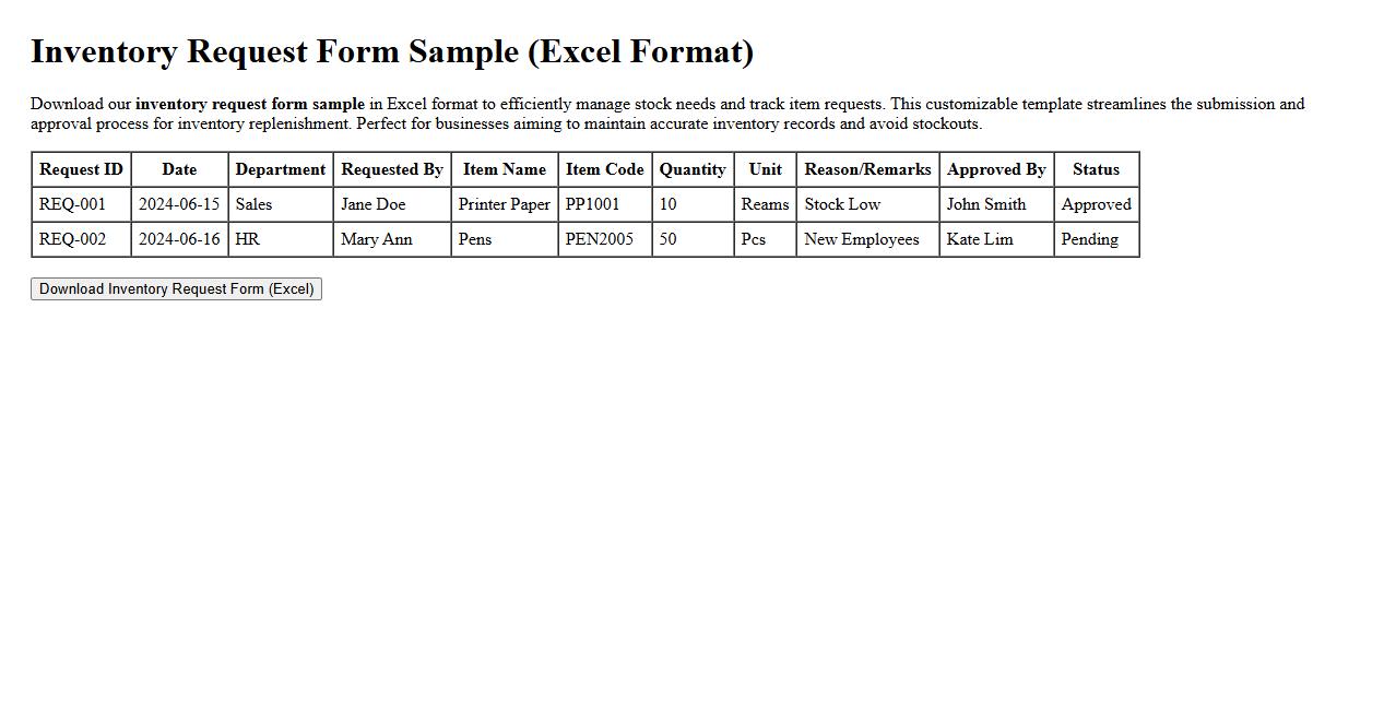 inventory request form sample in excel format image preview