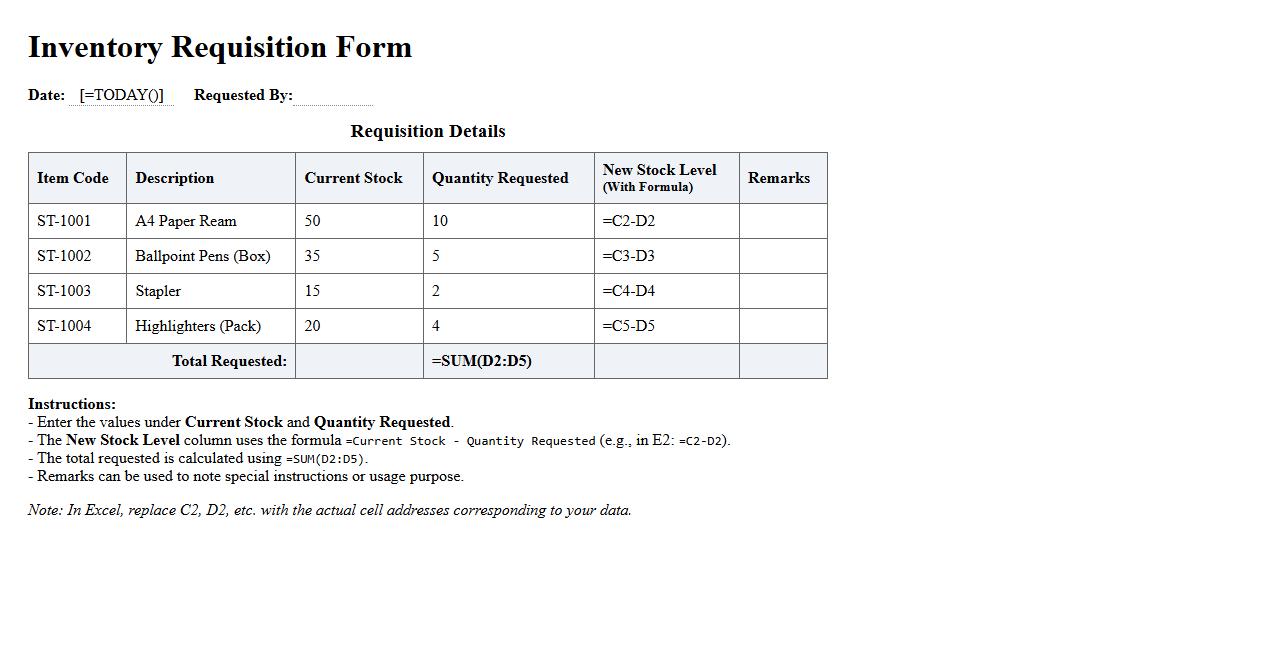 inventory requisition form excel sample with formulas image preview