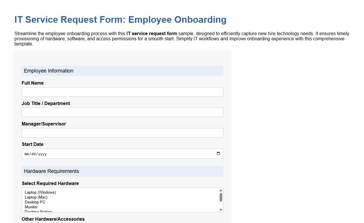 IT service request form sample for employee onboarding image preview
