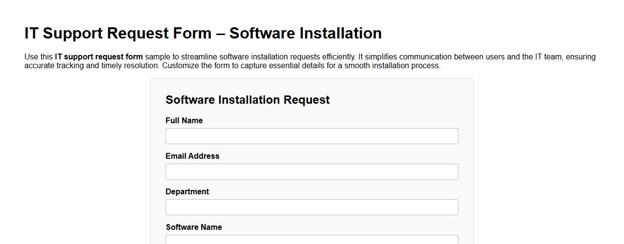 IT support request form sample for software installation image preview