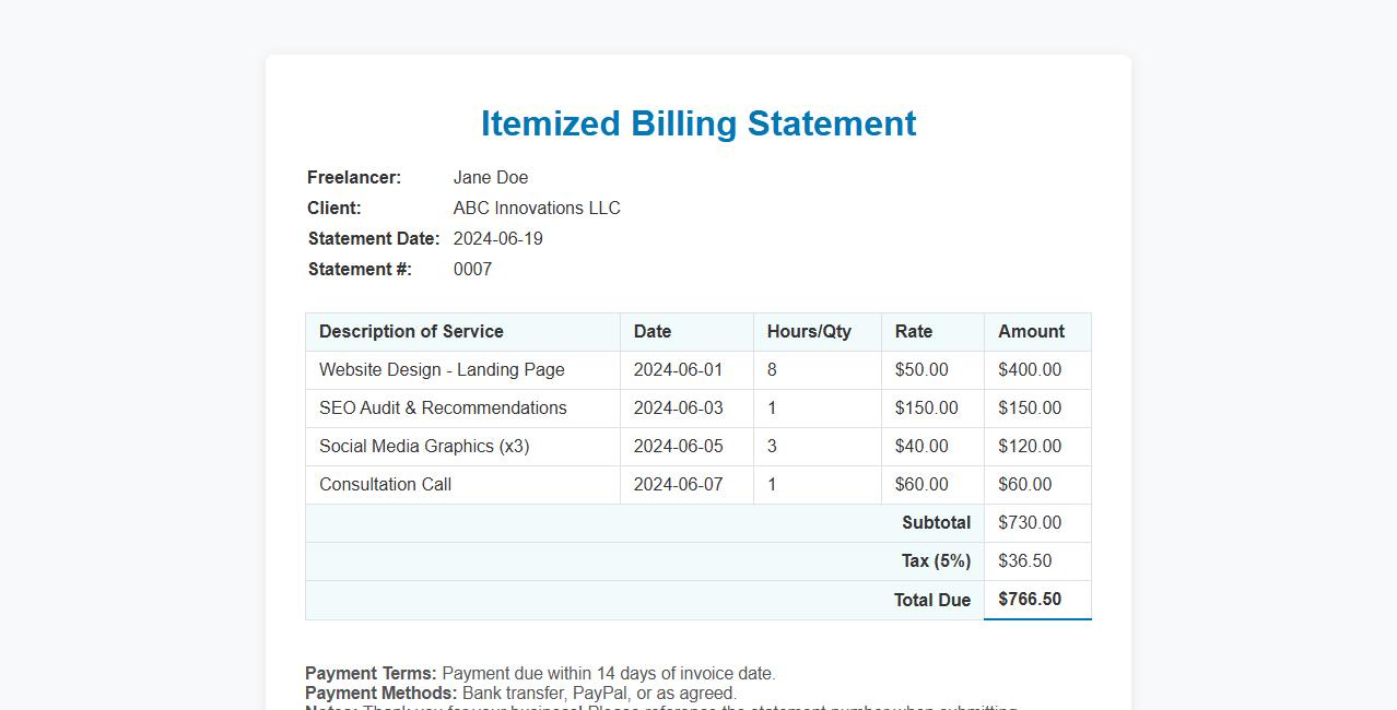 Itemized billing statement template for freelancers image preview