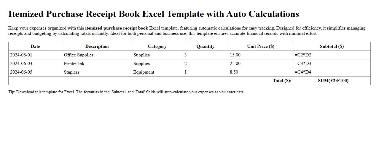 Itemized purchase receipt book excel template with auto calculations image preview