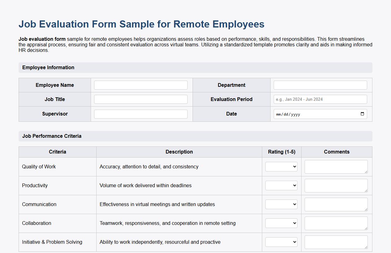 Job evaluation form sample for remote employees image preview