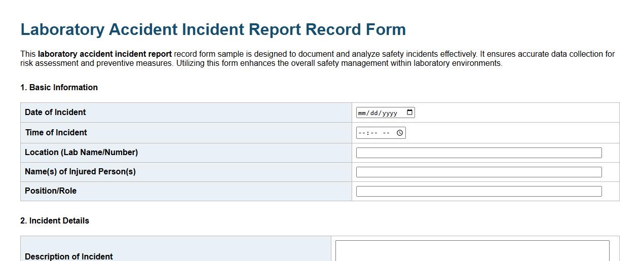 laboratory accident incident report record form sample image preview