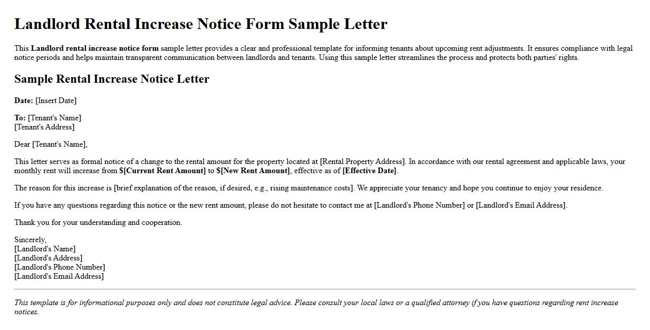 Landlord rental increase notice form sample letter image preview