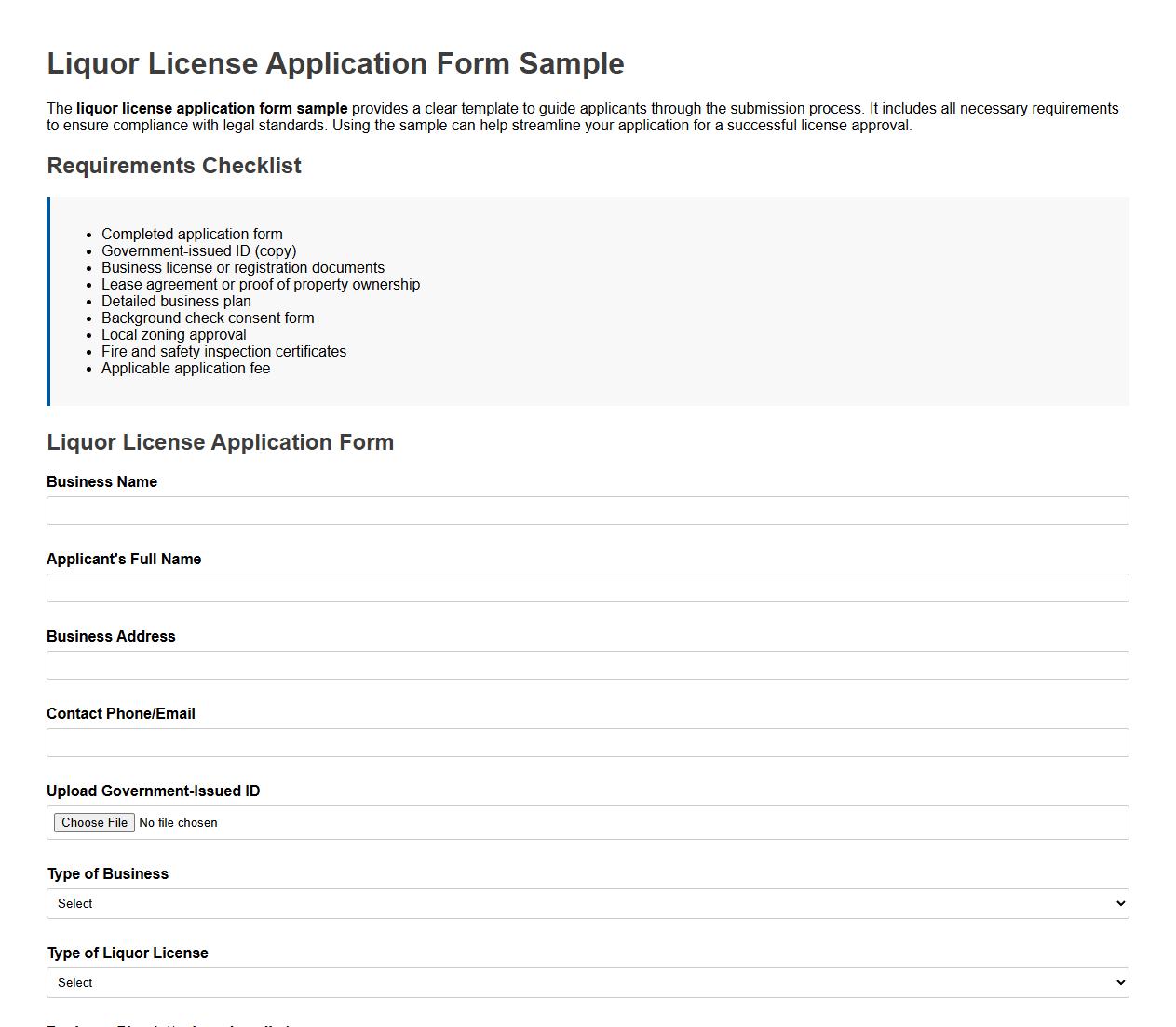 Liquor license application form sample with requirements image preview