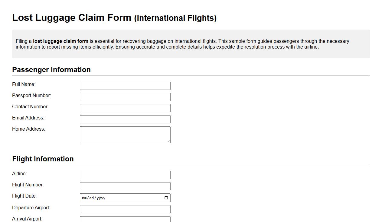 Lost luggage claim form sample for international flights image preview