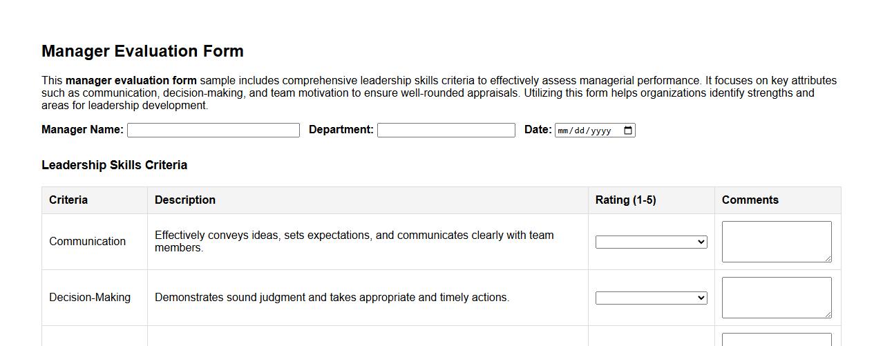 manager evaluation form sample with leadership skills criteria image preview