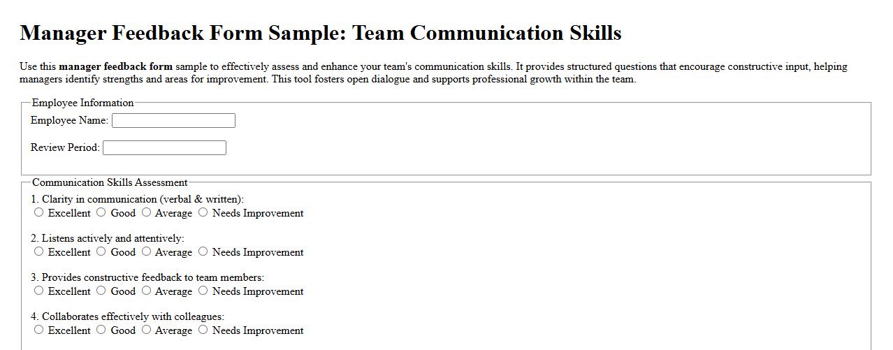 Manager feedback form sample for team communication skills image preview