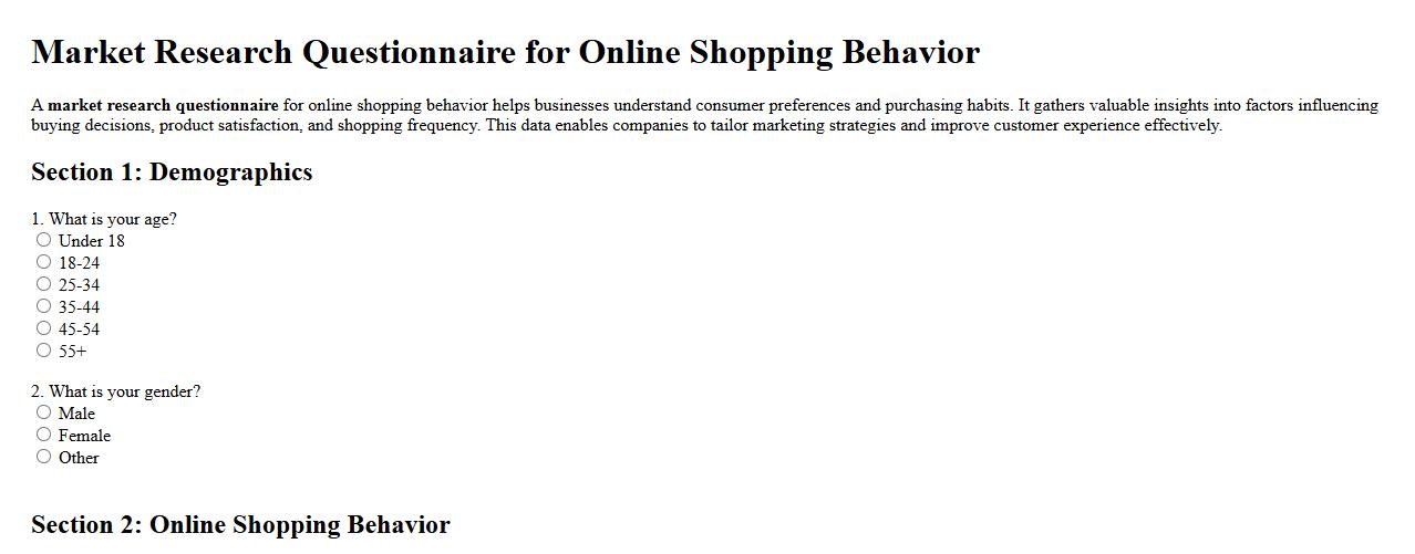 Market research questionnaire for online shopping behavior image preview