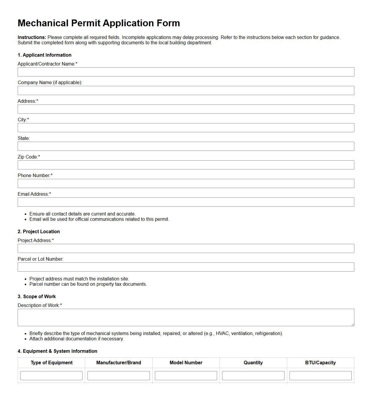 mechanical permit application form sample with instructions image preview