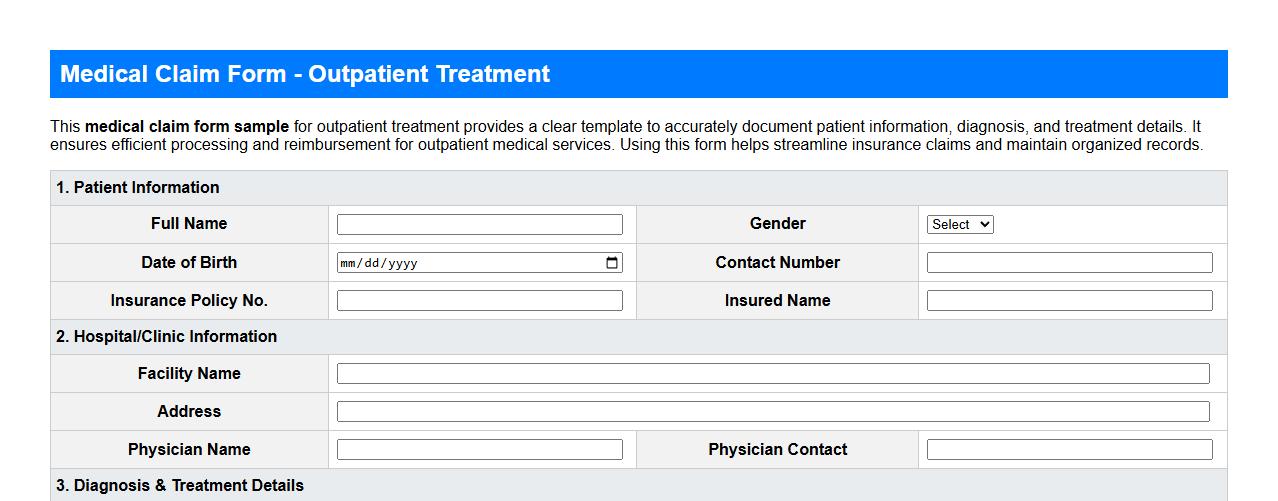 Medical claim form sample for outpatient treatment image preview