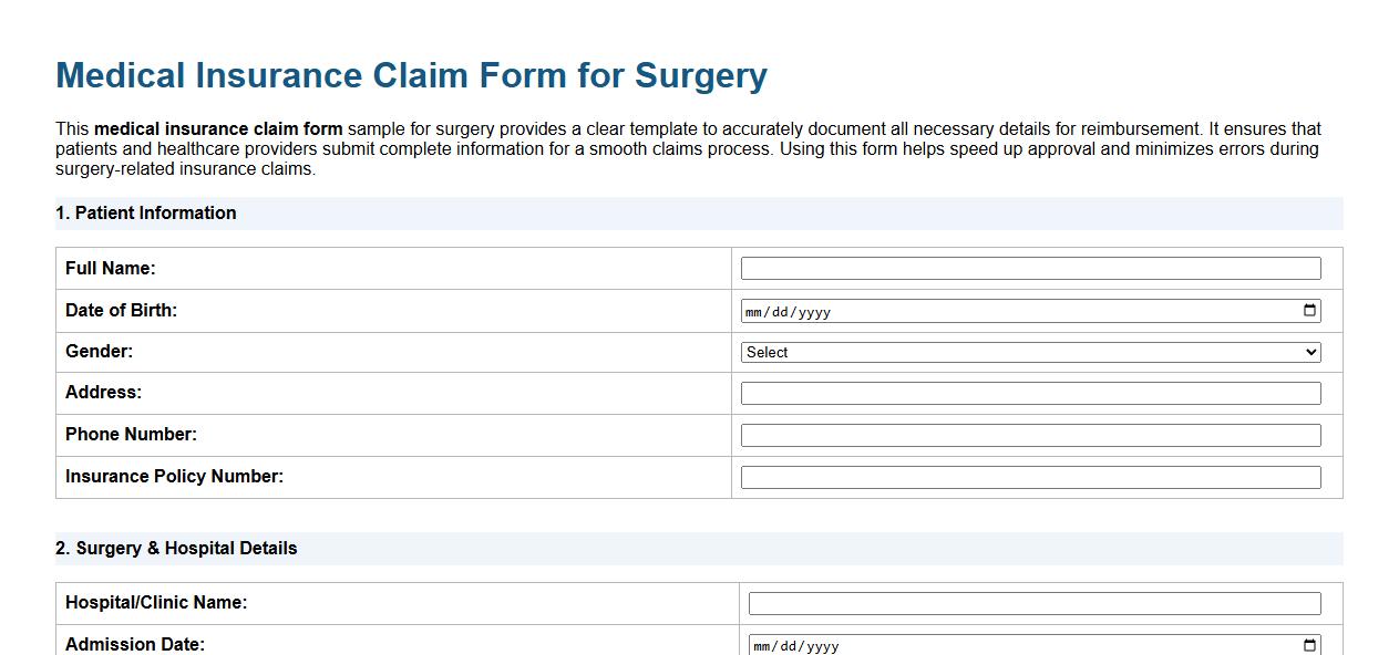 Medical insurance claim form sample for surgery image preview
