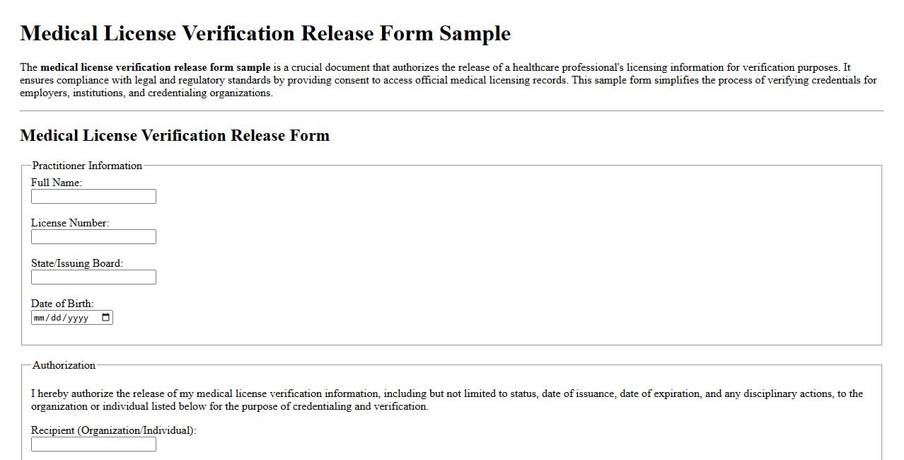 medical license verification release form sample image preview