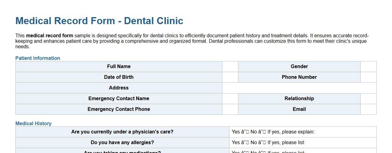 Medical record form sample for dental clinics image preview