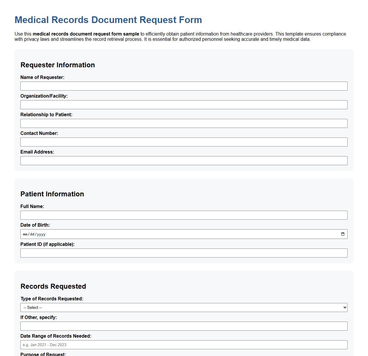 Medical records document request form sample image preview