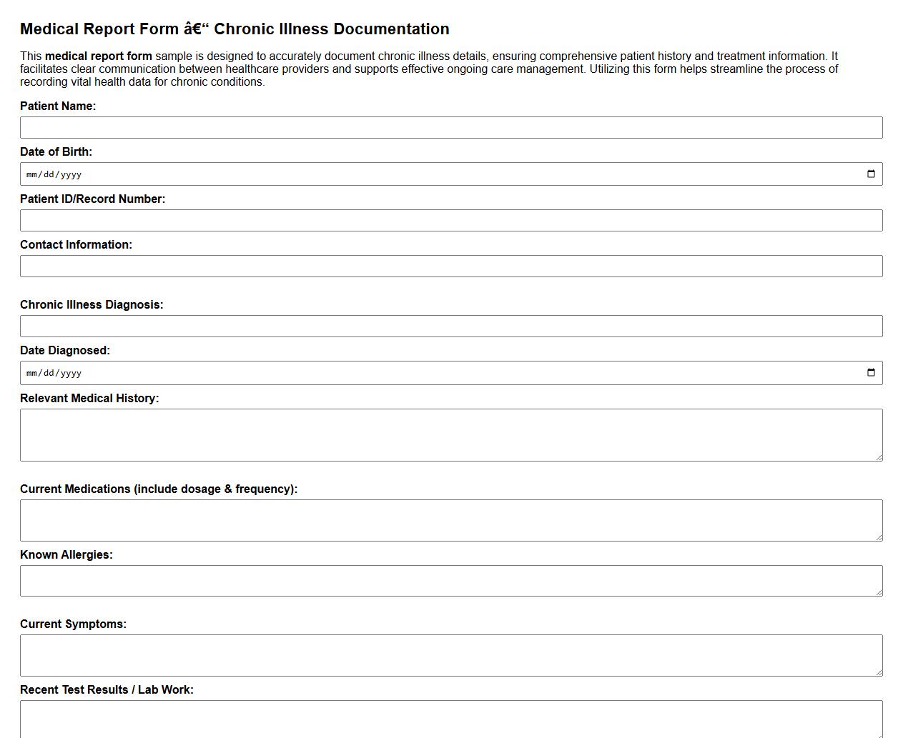 Medical report form sample for chronic illness documentation image preview