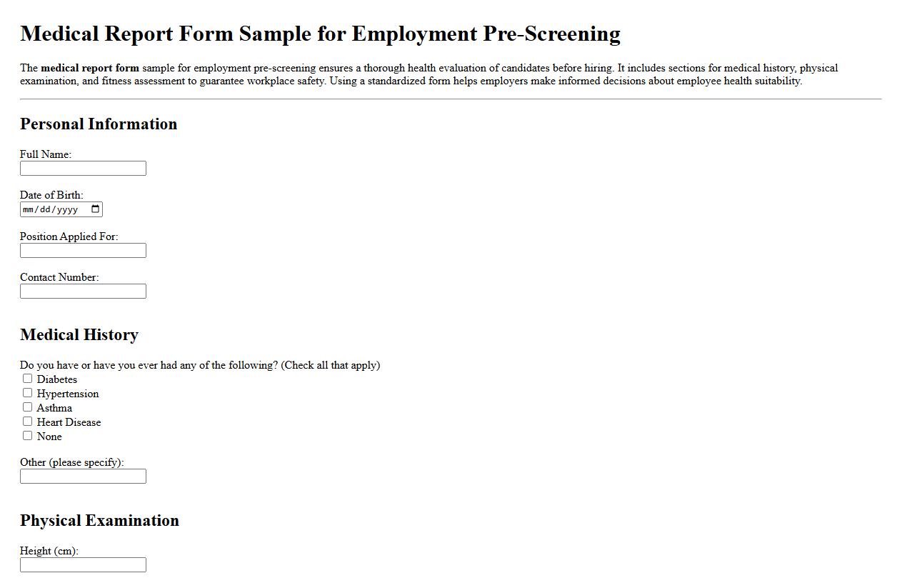 Medical report form sample for employment pre-screening image preview
