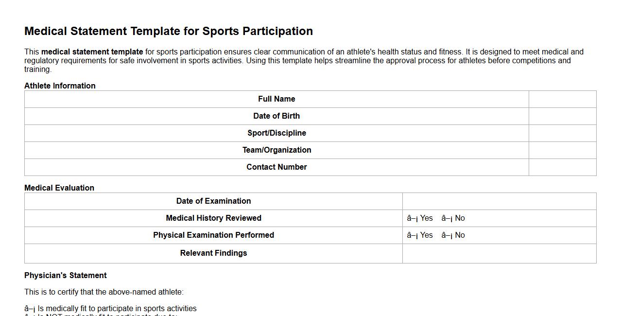 Medical statement template for sports participation image preview