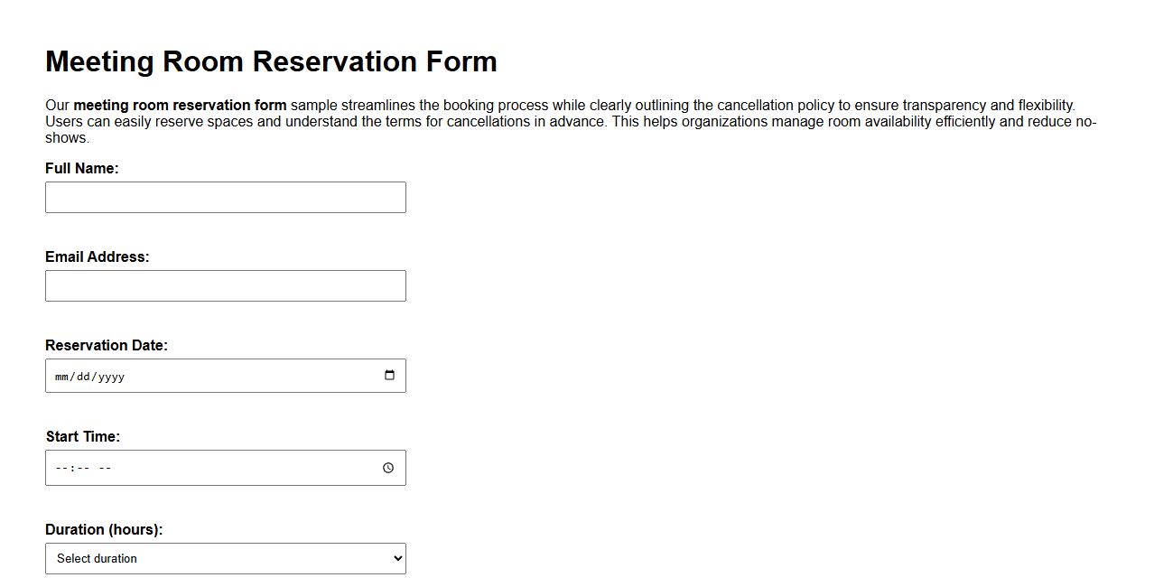 Meeting room reservation form sample with cancellation policy image preview