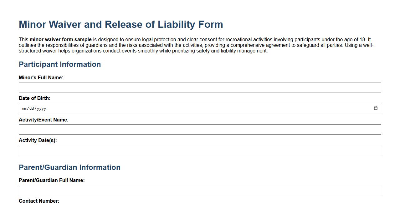 Minor waiver form sample for recreational activities image preview