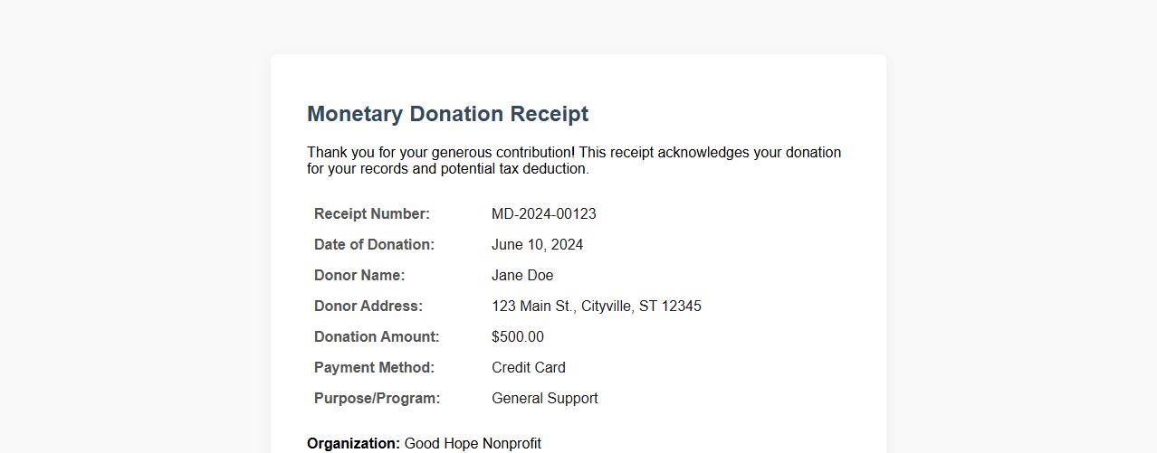 Monetary donation receipt sample PDF image preview