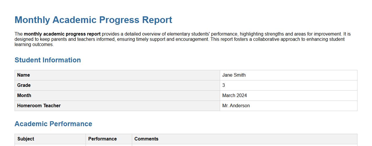 monthly academic progress report for elementary students image preview