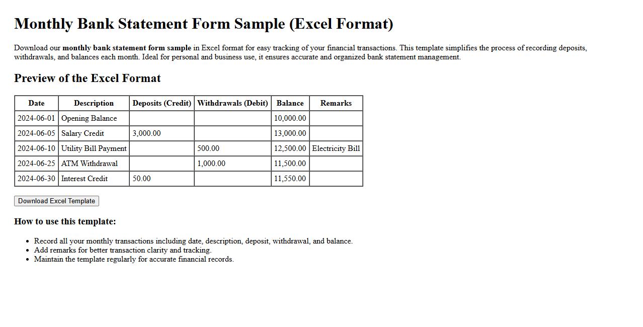 monthly bank statement form sample excel format image preview