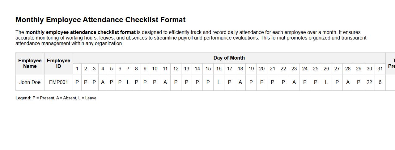 Monthly employee attendance checklist format image preview
