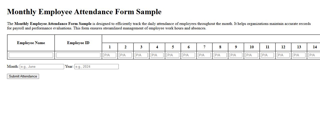 Monthly Employee Attendance Form Sample image preview