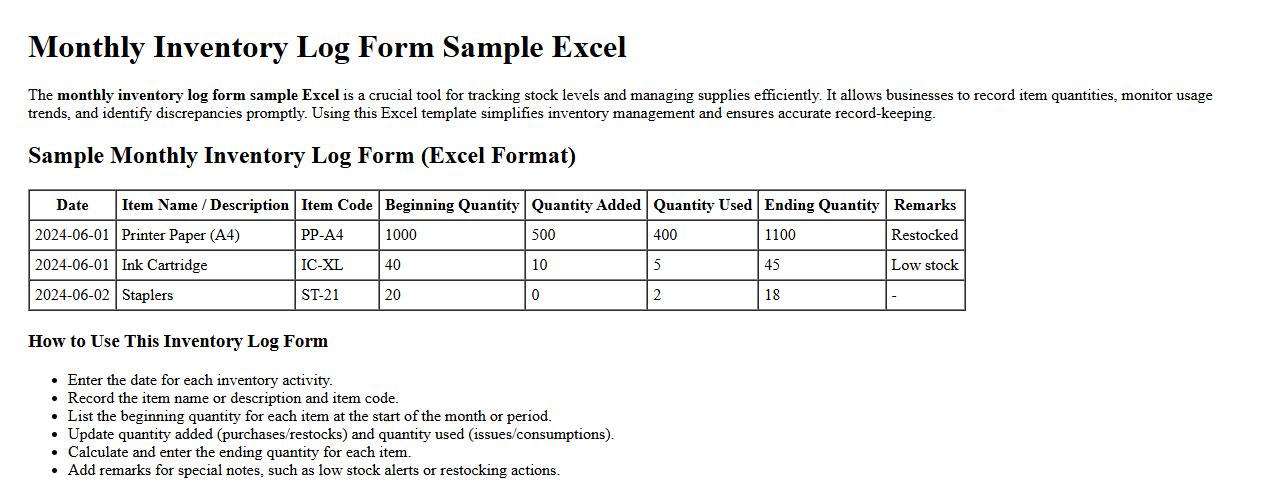 monthly inventory log form sample excel image preview