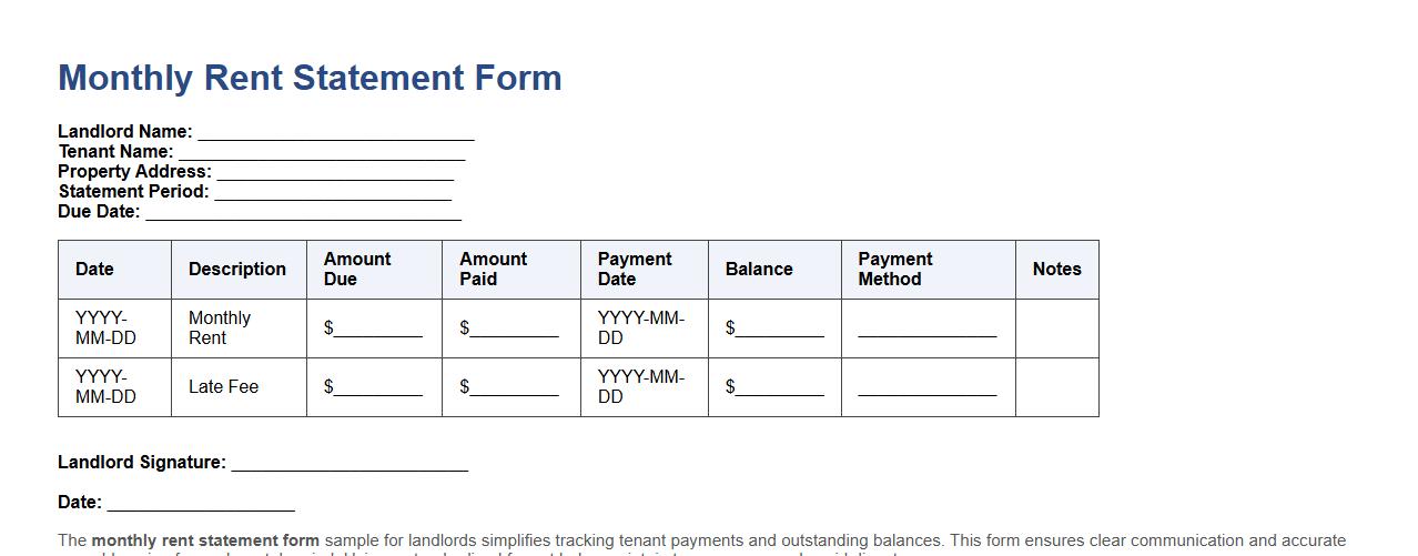 Monthly rent statement form sample for landlords image preview