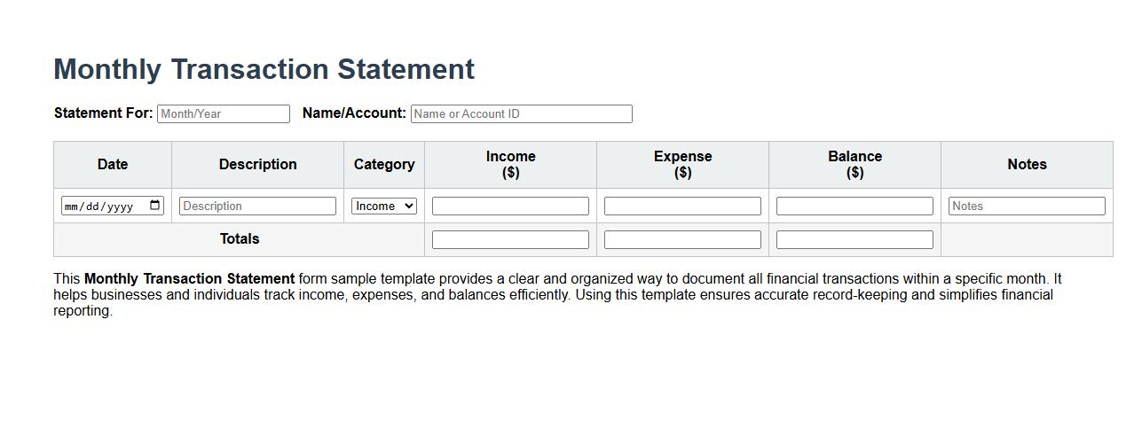 Monthly transaction statement form sample template image preview