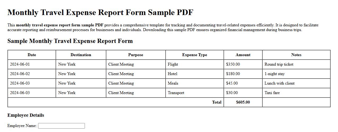 monthly travel expense report form sample pdf image preview