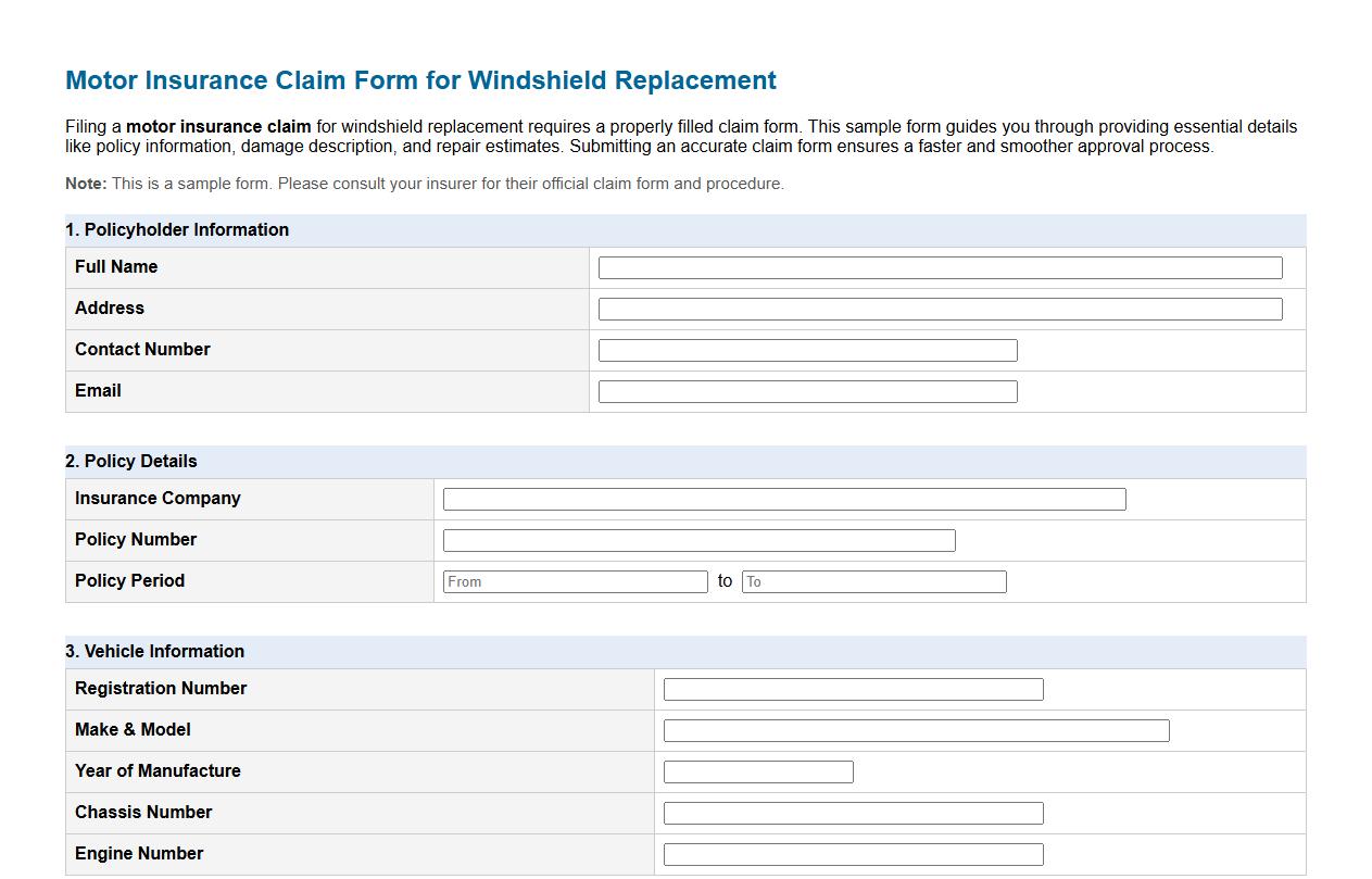 Motor insurance claim form sample for windshield replacement image preview