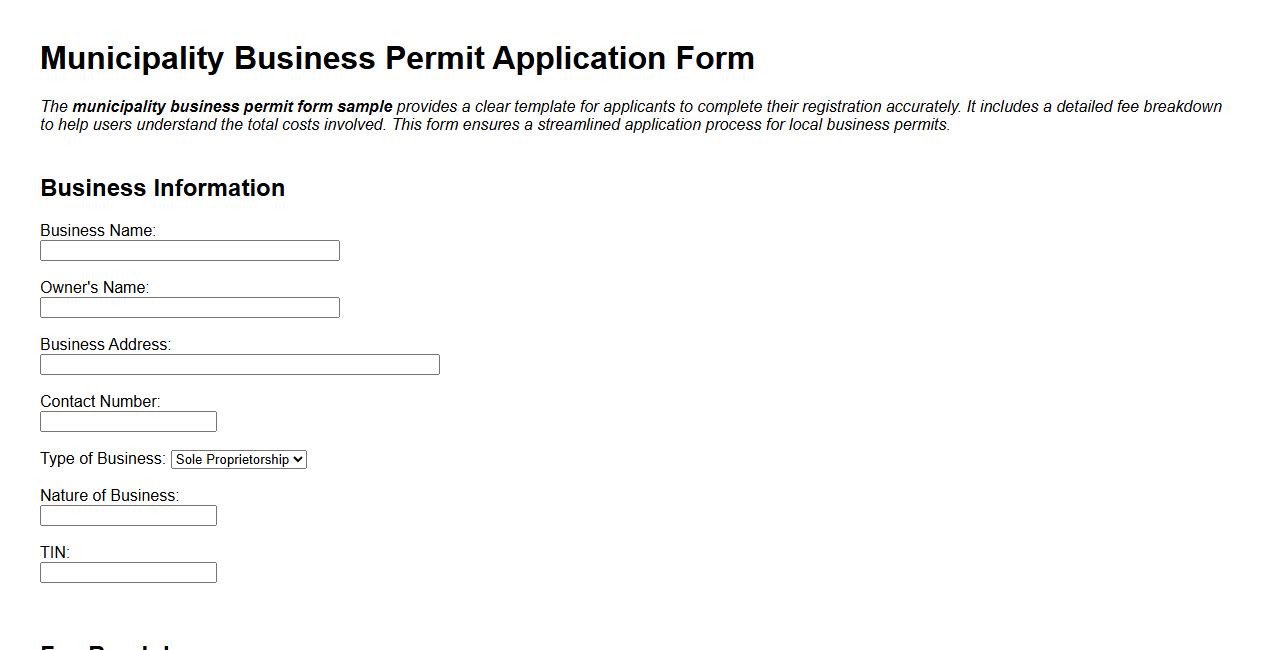 municipality business permit form sample with fee breakdown image preview